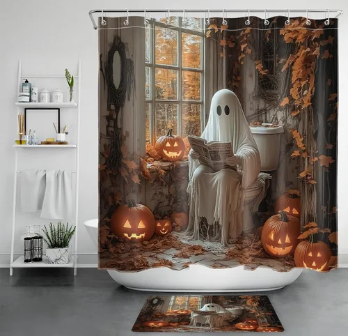 Vista 34 de LB Cortina de ducha espeluznante de Halloween, lindo fantasma en flores, árbol negro, luna llena, cortinas de ducha para baño, tela de poliéster