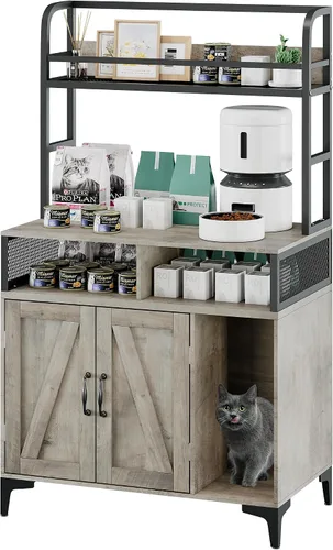 Vista 9 de Caja de arena para gatos con almacenamiento de estantes, muebles ocultos, gran caja de arena oculta para gatos, almacenamiento de madera para baño