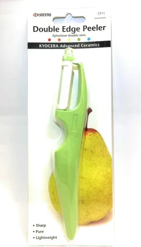 Vista 5 de Kyocera, pelador cerámico avanzado, Pelador de doble filo, Negro La hoja de doble borde se despega en ambas direcciones, mango vertical