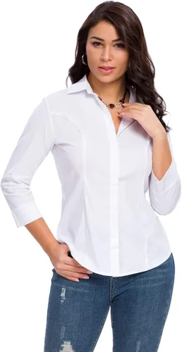Vista 2 de Camisas con botones para mujer, oficial, formal, manga 34, color blanco, elástica, camisa de vestir de verano