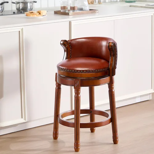 Vista 17 de RAINMOOD Taburete de bar, taburetes de bar giratorios de estilo moderno de mediados de siglo con asiento de cuero y patas de madera, silla