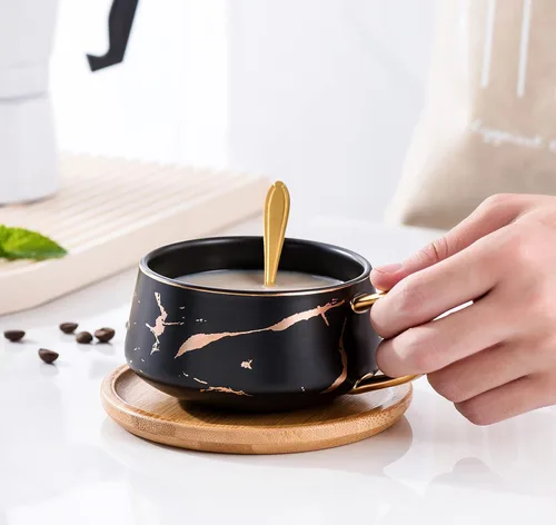 Vista 7 de Jusalpha Juego de taza de té de 10 oz con impresión de mano dorada y platillo/Juego de taza de café y platillo de bambú TCS19 (Negro)