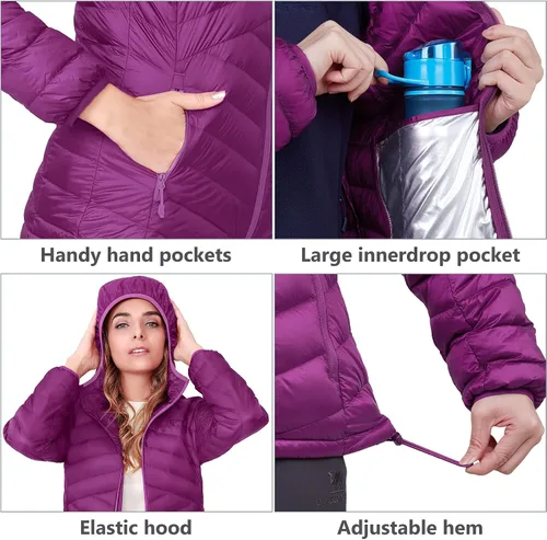 Vista 2 de CAMEL CROWN Chaqueta ligera con capucha para mujer, abrigos aislados acolchados y plegables