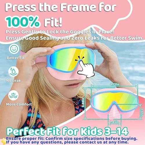 Vista 3 de Vvinca Kids Swim Goggles with Nose Cover Comfort Fabric Strap, Wide View Diving Mask Anti-Fog/UV Swimming Goggles for 3-14