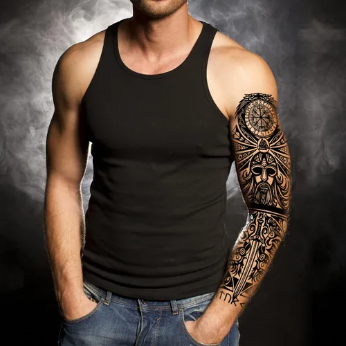 Vista 2 de Kotbs 6 hojas de mangas temporales de tatuaje de tótem tribal grande, diseños realistas de dragón, reloj y vikingo, funda de tatuajes falsos