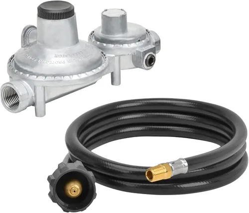 Vista 10 de only fire Regulador de propano horizontal de dos etapas, manguera de propano de 5 pies y 1/4" NPT con conexión POL Regulator Inlet 1/4" Female NPT