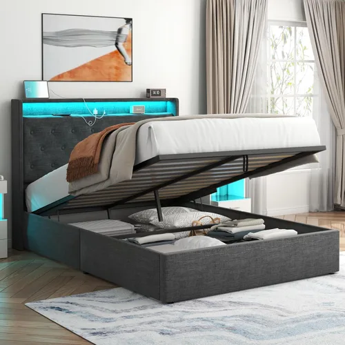Vista 10 de Loomie Marco de Cama Queen Elevable con Estación de Carga y Luces LED, Cama Tapizada con Cabecera de Almacenamiento Capitoné con Respaldo Alto