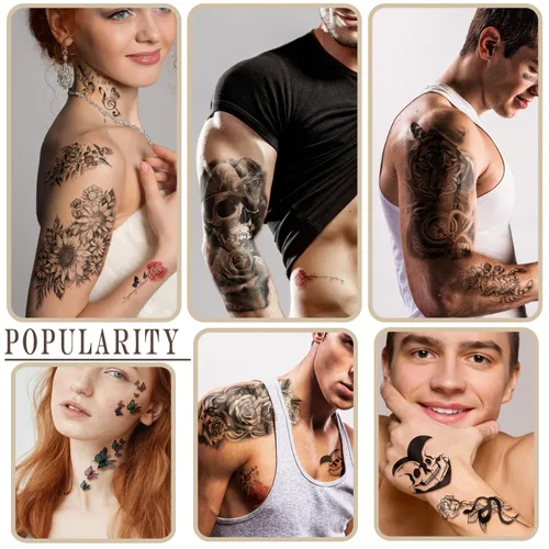 Vista 4 de Yazhiji 77 hojas de tatuajes temporales impermeables para niñas o niños, 17 hojas más grandes de medio brazo, lobo, tigre, león, tatuajes falsos