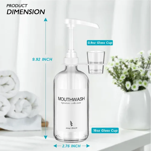 Vista 3 de Dispensador de enjuague bucal de vidrio con portavasos y bomba, dispensador de enjuague bucal rústico bohemio de 16 oz para decoración de baño
