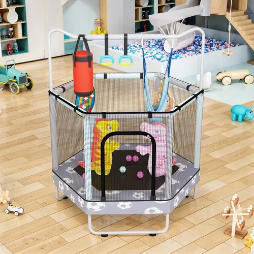 Vista 9 de LAMERGE Trampolín redondo 7 en 1 de 55 pulgadas para niños y niñas de 1 a 8 años, trampolín para interiores y exteriores para diversión, barandilla