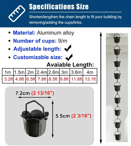 Vista 6 de Rain Chain Black Flower Cups Rain Chain System, 1-4 M Long Rainwater Catcher, Roof Gutters Chain for Yard/Landscape, Rain Chain for Outside