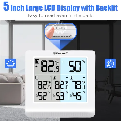 Vista 3 de Geevon Termómetro inalámbrico para interiores y exteriores con 3 sensores remotos, termómetro higrómetro digital, medidor de temperatura y monitor