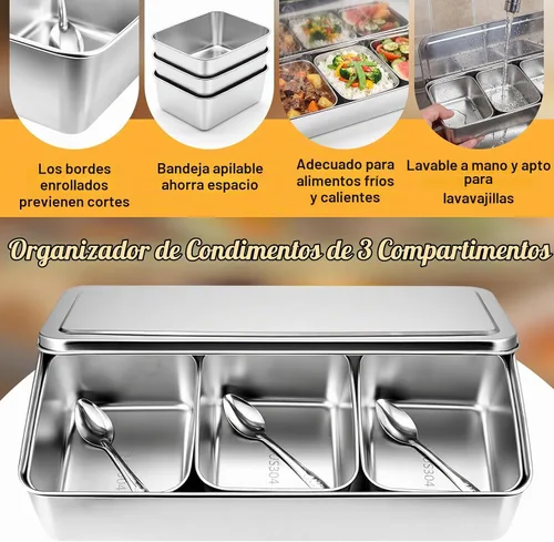 Vista 3 de Yakumi Pan & Masala Dabba, caja de condimentos de acero inoxidable 304 con 3 compartimentos, contenedor de condimentos con tapa y cucharas