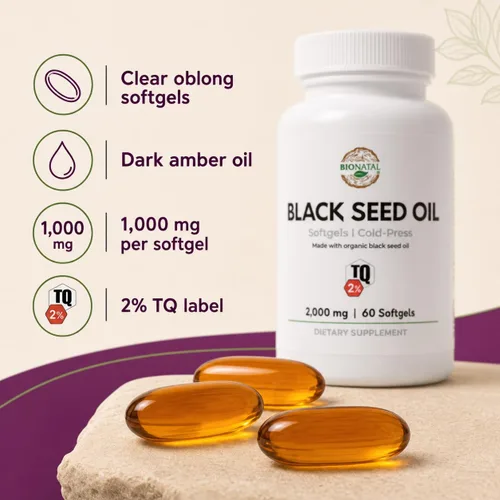 Vista 3 de BioNatal Sofgeles de aceite de semilla negra 2% de timoquinona (TQ) - Cápsulas blandas orgánicas de Nigella Sativa 2,000 mg Aceite de semilla