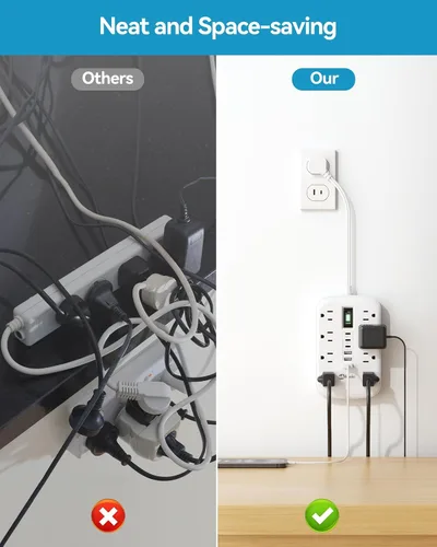 Vista 3 de Cable de extensión corto de 1 pie - Tira de alimentación de 2 clavijas 1700J, protector contra sobretensiones para electrodomésticos con 15A, 8