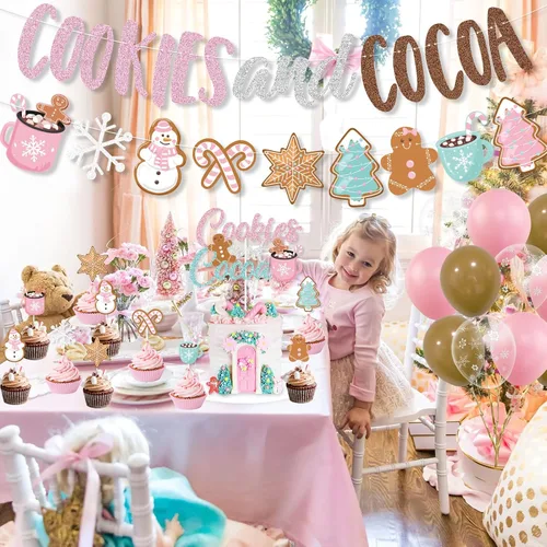 Vista 6 de Decoraciones de fiesta de galletas y cacao, banner de galletas rosas y cacao, banner navideño de hombre de jengibre, globos para adorno de pastel