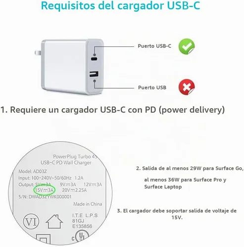 Vista 5 de Cable de carga USB C de 10 pies para Microsoft Surface Pro