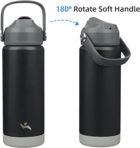 Vista 6 de Konokyo Botella de agua aislada con tapa de pajilla, botella de metal al vacío de acero inoxidable de 18 onzas con mango de silicona, color negro