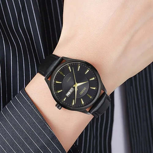 Vista 2 de SKMEI Relojes de cuero negro moda vestido clásico casual simple luz analógica impermeable día fecha calendario papá padres regalos oro reloj