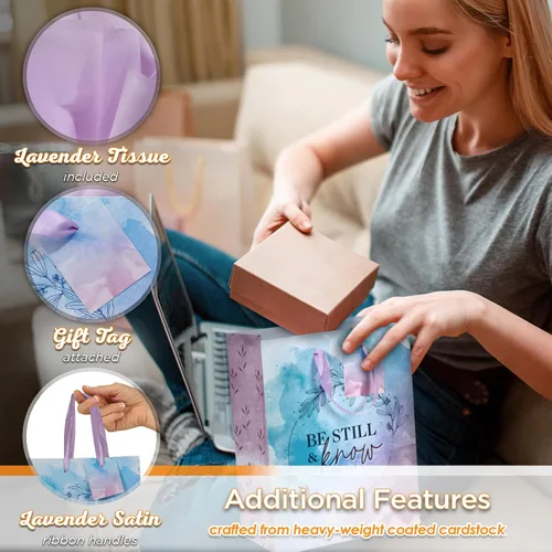 Vista 3 de Christian Art Gifts Bolsa de Regalo Retrato con Etiqueta y Juego de Papel de Seda para Mujeres: Quédate Quieta y Conoce - Salmo 46:10 Versículo