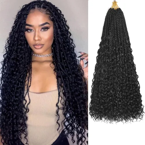 Vista 18 de Flagship 9 Paquetes Goddess Box Braids Cabello de Ganchillo para Mujeres Negras - 10 Pulgadas Pre-enrollado con Puntas Rizadas, Estilo Bohemio 1b