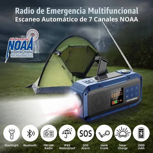 Vista 2 de Radio de emergencia portátil con AM FM NOAA, altavoz Bluetooth, batería recargable de 2000 mAh, carga solar de manivela USB-C, calidad de sonido