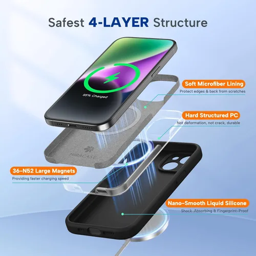 Vista 5 de Miracase Funda diseñada para iPhone 14 Plus con protector de pantalla, protección mejorada de la cámara, funda de silicona líquida a prueba de Negro