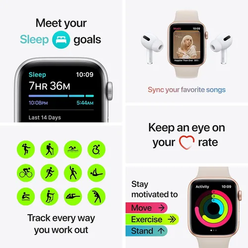 Vista 4 de Apple Reloj SE (GPS, 1.732in) - Caja de aluminio plateada con correa deportiva Abyss Blue - Regular (renovado)