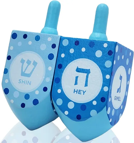 Vista 8 de The Dreidel Company Dreidels de madera pintados a mano extra grandes para Hanukkah, diseño de estrella azul y blanca, paquete de 2
