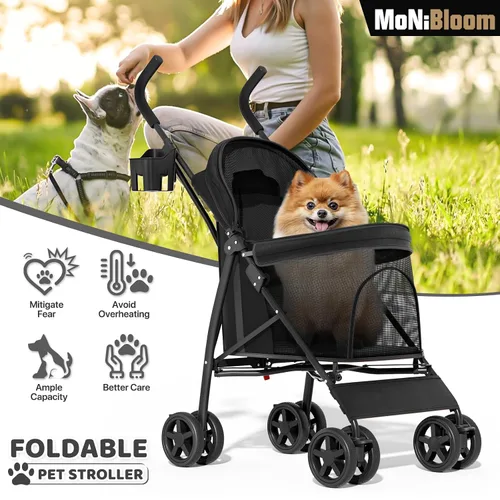 Vista 2 de MoNiBloom Cochecito para mascotas de 4 ruedas, cochecito jogger jaula para cachorros de fácil plegado con cubierta solar, almohadilla y bolsa