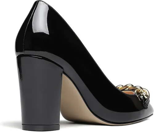 Vista 6 de WAYDERNS Zapatos de tacón alto para mujer, diseño de cadena de metal dorado, patente, puntera puntiaguda, zapatos de tacón alto de 3.5 pulgadas