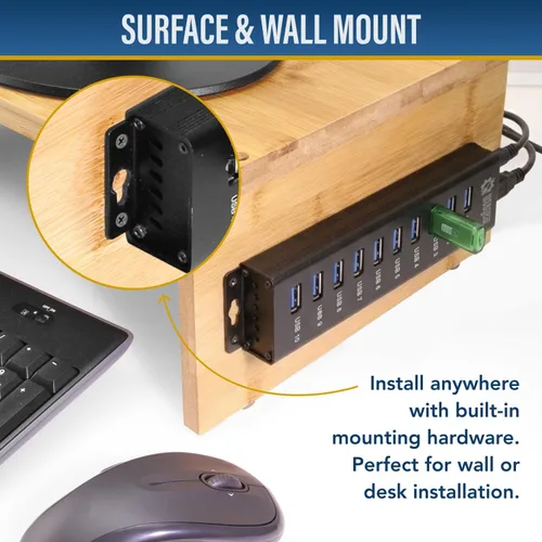Vista 4 de USBGear Concentrador USB de 10 puertos 3.2 Gen 1 – Concentrador de datos supervelocidad montable con puertos USB para laptop, PC, escritorio y más