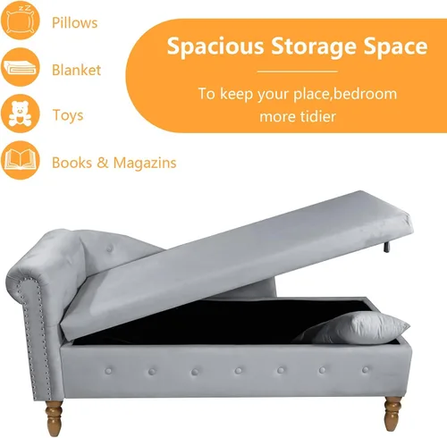 Vista 4 de Aoowow Banco de almacenamiento de terciopelo para dormitorio, extremo de la cama, sofá con brazo enrollado, tumbona para interiores con Gris 58