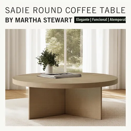 Vista 3 de Martha Stewart Sadie - Mesa de centro redonda – Parte superior de chapa Starburst, acabado de madera gris recuperada, acento moderno para sala