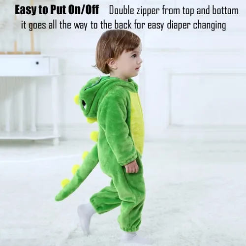 Vista 4 de QIAONIUNIU Disfraz de dinosaurio verde para bebé para Halloween, mameluco para niños pequeños, rómper para cosplay, de 30 a 36 meses