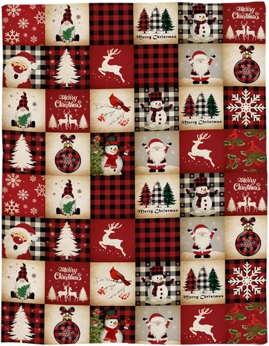 Vista 5 de Manta de franela a cuadros rojos de Navidad súper suave, mantas de forro polar de reno, Santa, muñeco de nieve, árbol de Navidad, manta afelpada
