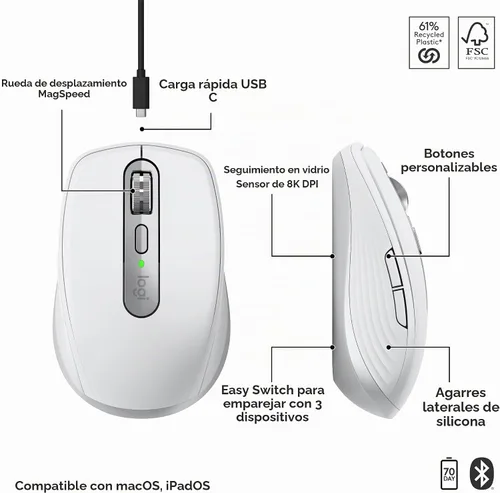 Vista 5 de Logitech MX Anywhere 3S para Mac, mouse Bluetooth inalámbrico compacto, seguimiento de 8K DPI en cualquier superficie, clics silenciosos, USB C