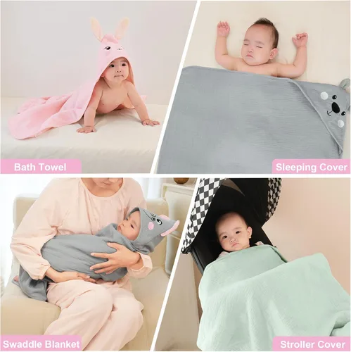 Vista 7 de FIOBEE Toallas de baño con capucha para bebé, 100% muselina para recién nacido, con diseño de animales, ultrasuaves y absorbentes, esenciales