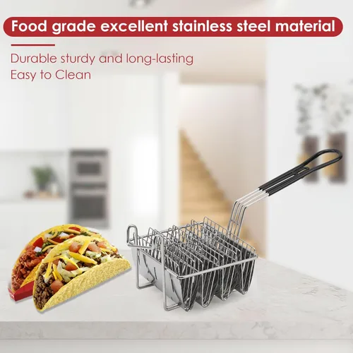 Vista 3 de Cesta para freidora de tacos de 4 carcasas, molde de acero inoxidable para freír, cesta de freidora con mango desmontable, herramienta profesional