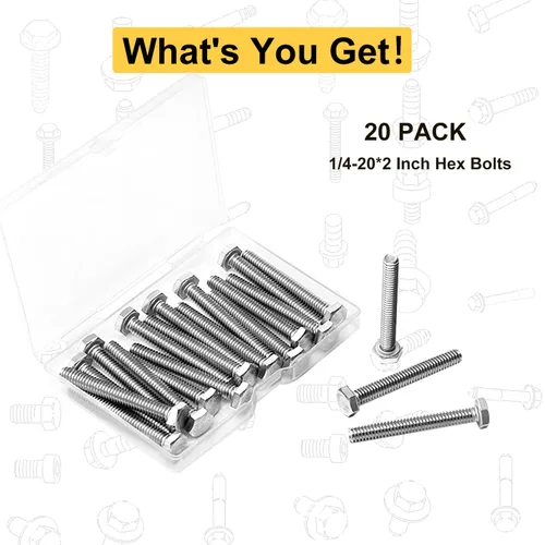 Vista 4 de 20 piezas de pernos hexagonales de 1/4-20 x 2, tornillos de tapa hexagonal de 1/4"-20, acero inoxidable 304, 5.1 cm completamente roscados, tornillo