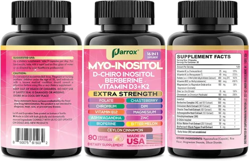 Vista 8 de Suplemento de Myo Inositol, D-Chiro Inositol, Folato, DIM, Vitamina D3, B12, K2, Cromo, Bioperina, Canela de Ceilán, Zinc, Ashwagandha, Agracejo