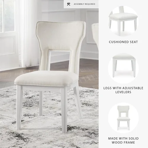 Vista 4 de Signature Design by Ashley Chalanna - Silla de comedor, juego de 2, respaldo moderno con corte glamuroso, marco de madera maciza con asiento Blanco