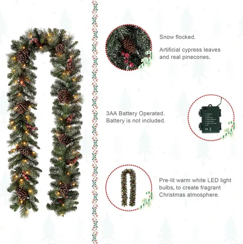 Vista 4 de Glitzhome - Guirnalda de Navidad de 9 pies con luces, guirnalda de Navidad para repisa, guirnalda de Navidad artificial preiluminada con conos