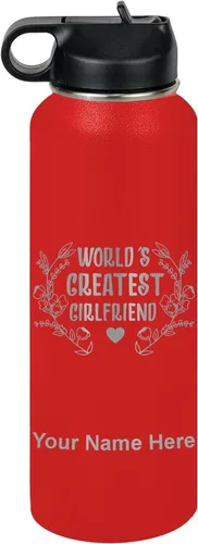 Vista 9 de LaserGram Botella de agua personalizada, World's Greatest Girlfriend, acero inoxidable de doble pared aislada al vacío con popote superior, regalo