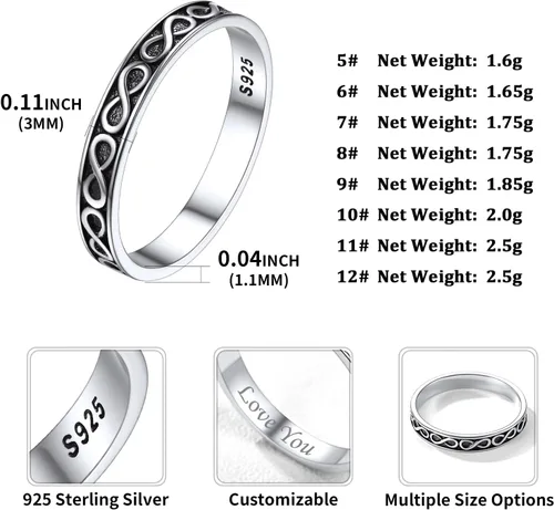Vista 4 de ChicSilver Anillo de plata de ley 925 de 0.079in con diseño retro de mal de ojovid apilable, anillo de boda eternidad para mujer, talla 5-12