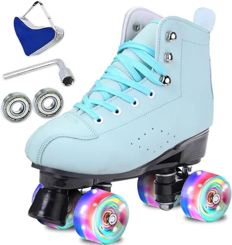 Vista 10 de Patines para mujer y hombre de caña alta en negro, de cuero sintético clásico, patines de doble fila ajustables para interiores y exteriores