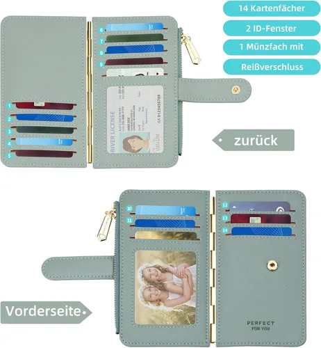 Vista 5 de PERFECB - Cartera para mujer con bloqueo RFID delgada plegable para tarjetas de crédito simple con cremallera azul Fog Blue Tarjetero Wellet