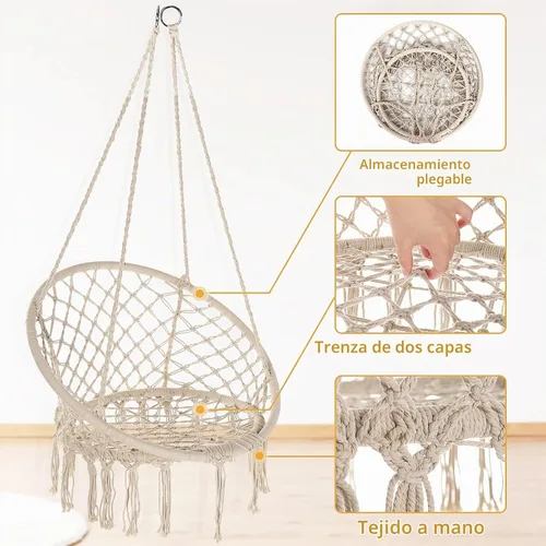 Vista 2 de Garpans Hamaca de macramé, estilo bohemio, hamaca con borlas, columpio colgante hecha a mano, cuerda de algodón tejida a mano para interiores y Beige