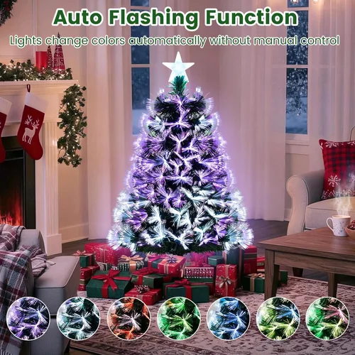 Vista 4 de BECOMFORT Árbol de Navidad de fibra óptica preiluminado de 3 pies, árbol de Navidad artificial con luces multicolor de brillo lento, estrella