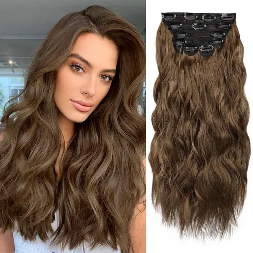 Vista 22 de WECAN Extensión de cabello con clip, de 20 pulgadas, mezcla de rubio ceniza y rubio decolorado, 6 piezas, extensiones de cabello largo ondulado